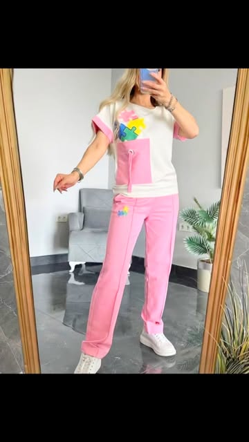 ست تیشرت شلوار پازل رنگبندی ۶ تایی جنس دورس اسپان تک سایز مناسب ۴۶