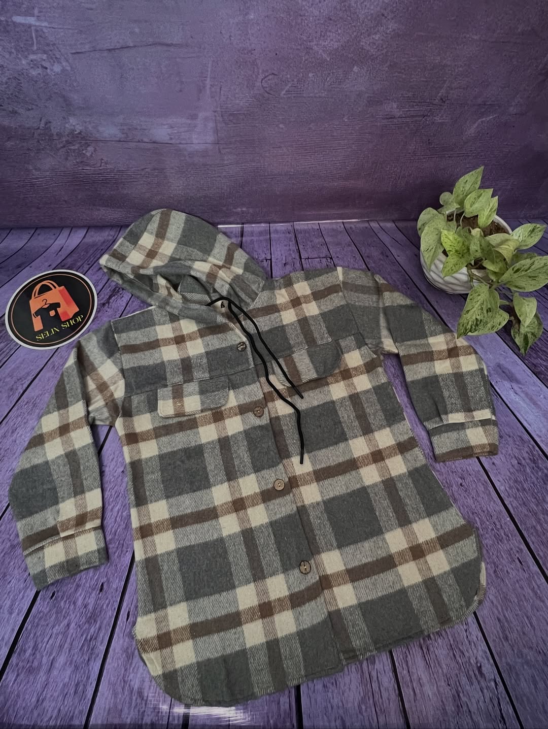 شکت فوتر چهارخونه پشمی کلاهدار سایز فری تا ۴۸